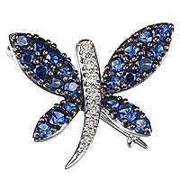 Blue sapphire white gold dragonfly brooch