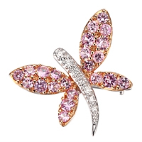 Pink sapphire gold dragonfly brooch