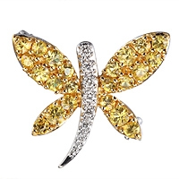 Yellow sapphire white gold dragonfly brooch
