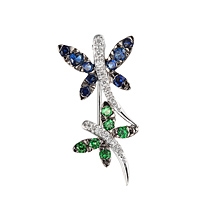 Blue sapphire and tsavorite white gold dragonfly brooch
