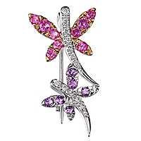 Pink sapphire and amethyst gold dragonfly brooch