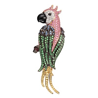Multicolored sapphire, tsavorite and onyx gold parrot brooch
