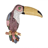 Multicolored sapphire, tsavorite, onyx and chrome tourmaline gold toucan brooch