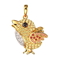 Yellow, orange and black sapphire yellow gold bird pendant