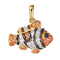 Orange and blue sapphire yellow gold fish pendant