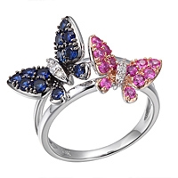 Blue and pink sapphire gold butterfly ring