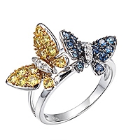 Blue and yellow sapphire white gold butterfly ring