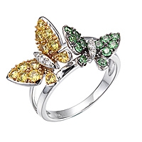 Yellow sapphire and tsavorite white gold butterfly ring