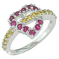 Ruby and yellow sapphire white gold heart ring