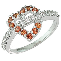 Orange and white sapphire white gold heart ring