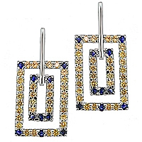 Blue and yellow sapphire white gold drop earrings